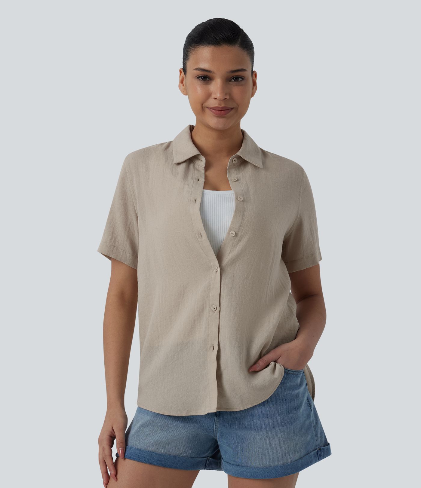 Short Sleeve Curved Hem Casual Linen-Blend Shirt