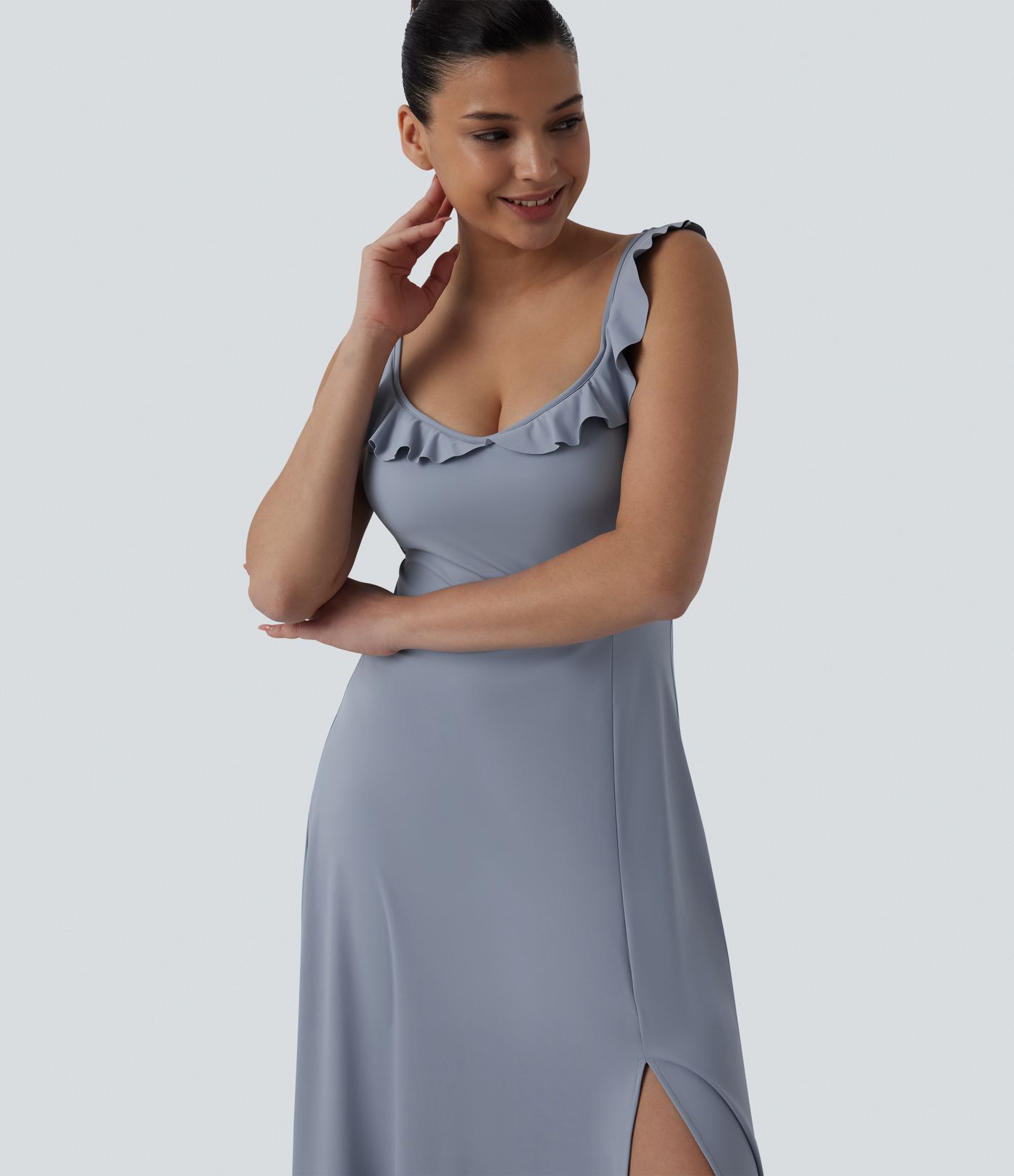 Built-in Bra Ruffle Flowy Maxi Dress