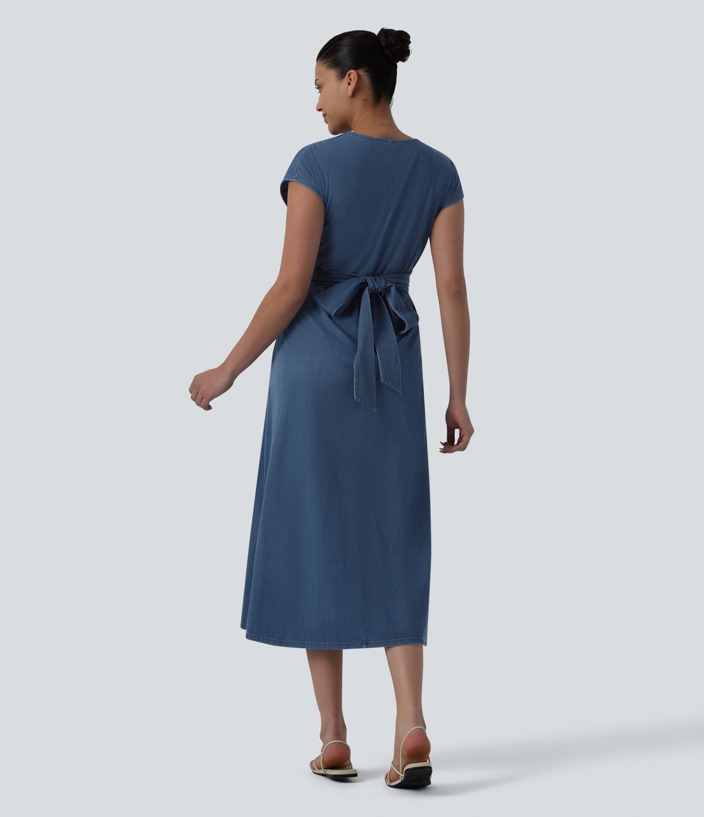 Robe mi-longue casual denim Halara Flex™ col V manches courtes avec nœud au dos et poches