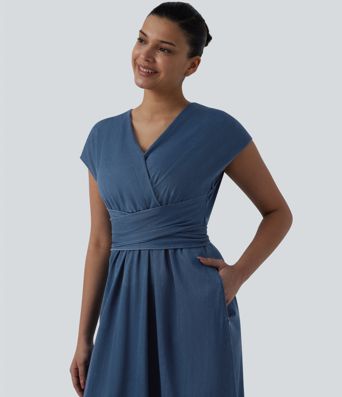 Robe mi-longue casual denim Halara Flex™ col V manches courtes avec nœud au dos et poches
