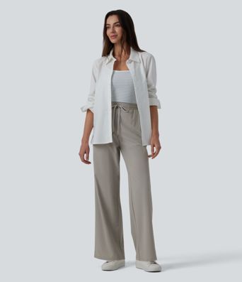 Pantalon casual coupe droite taille mi-haute avec cordon de serrage et poches