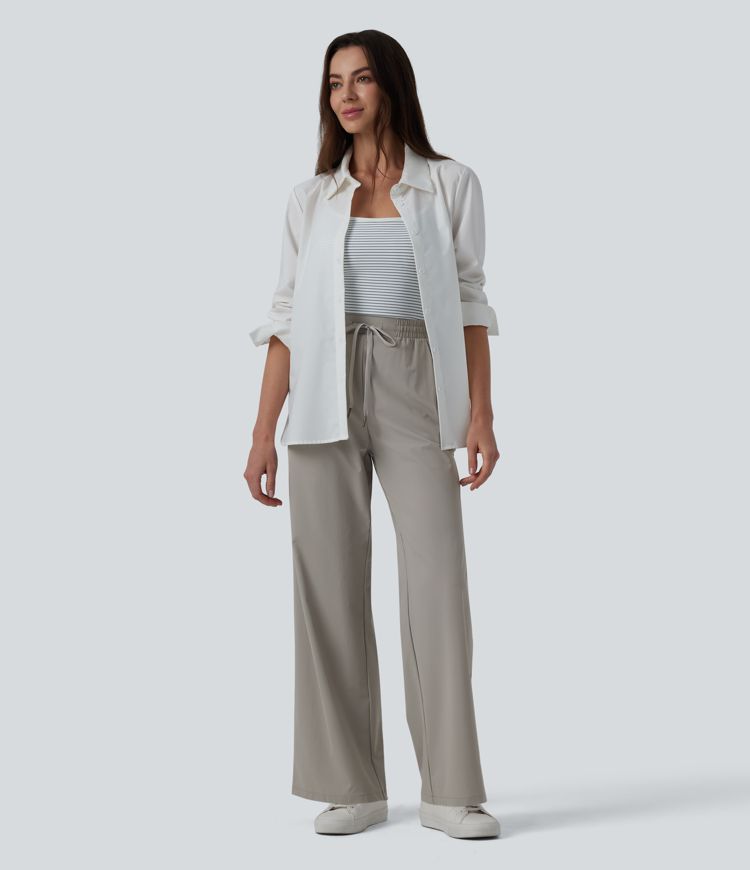 Pantalon casual coupe droite taille mi-haute avec cordon de serrage et poches