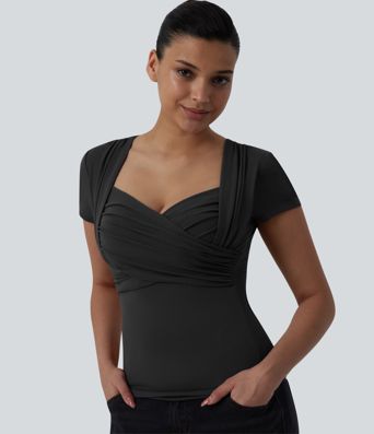 Sweetheart Neck Short Sleeve Crossover Ruched Casual Top