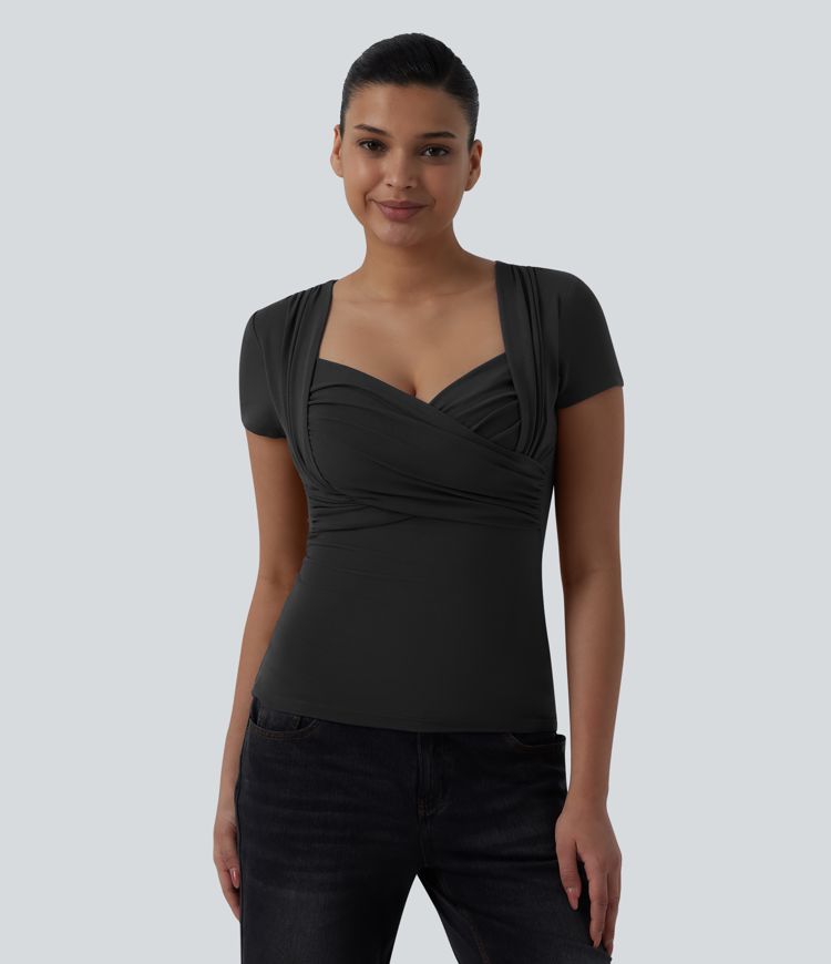 Sweetheart Neck Short Sleeve Crossover Ruched Casual Top