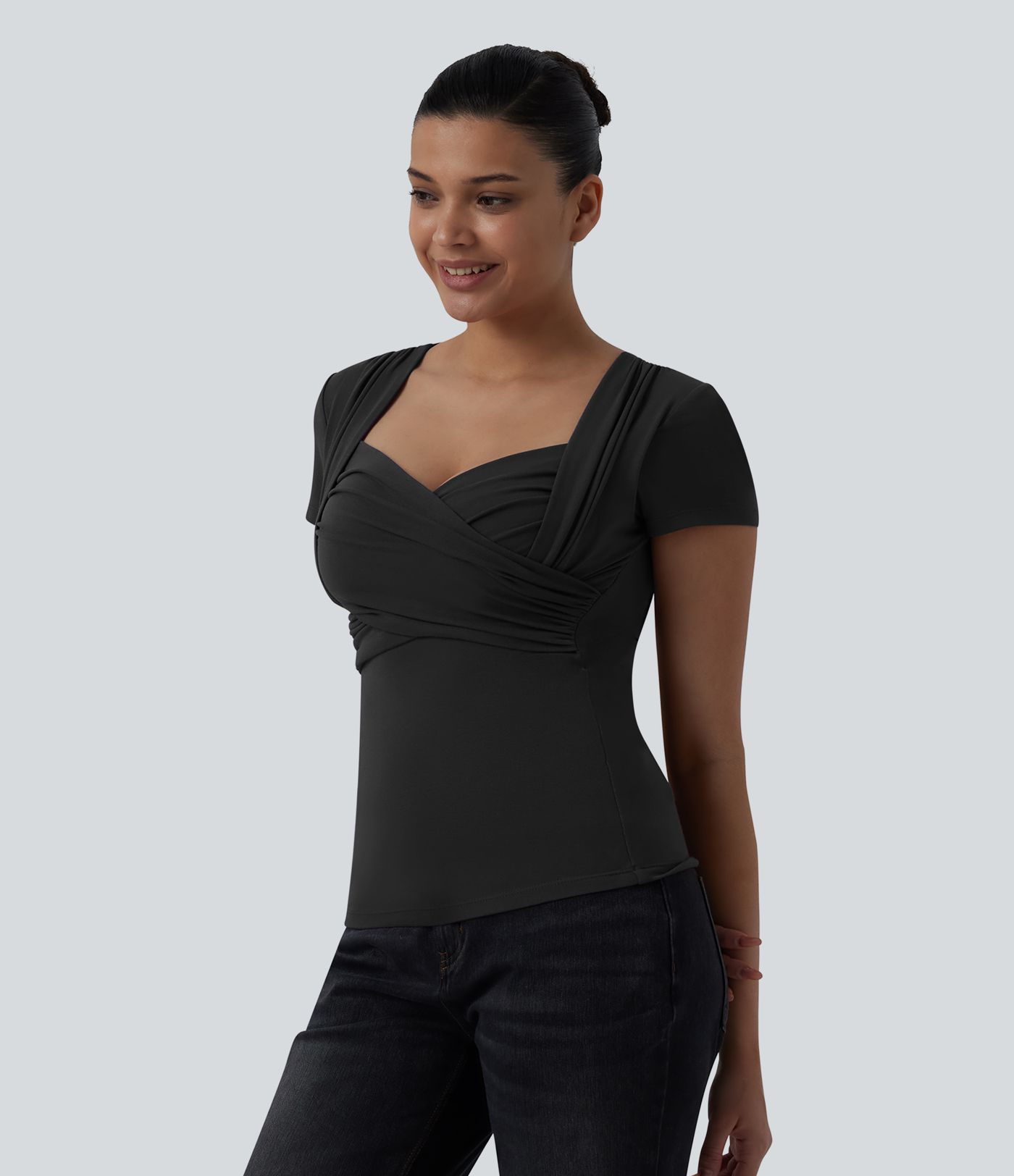 Sweetheart Neck Short Sleeve Crossover Ruched Casual Top