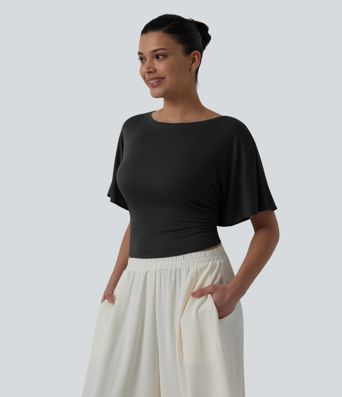 Boat Neck Ruffle Short Sleeve Tie Back Casual Top