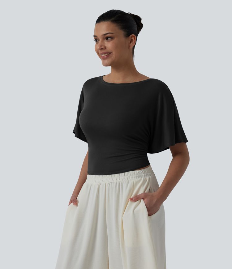 Boat Neck Ruffle Short Sleeve Tie Back Casual Top