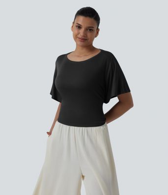 Boat Neck Ruffle Short Sleeve Tie Back Casual Top