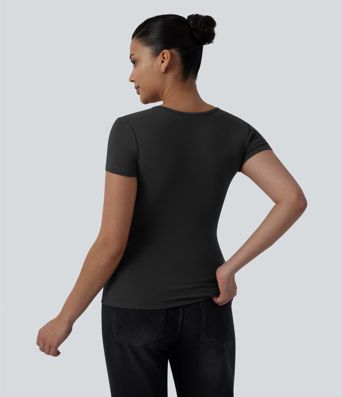 Sweetheart Neck Short Sleeve Crossover Ruched Casual Top