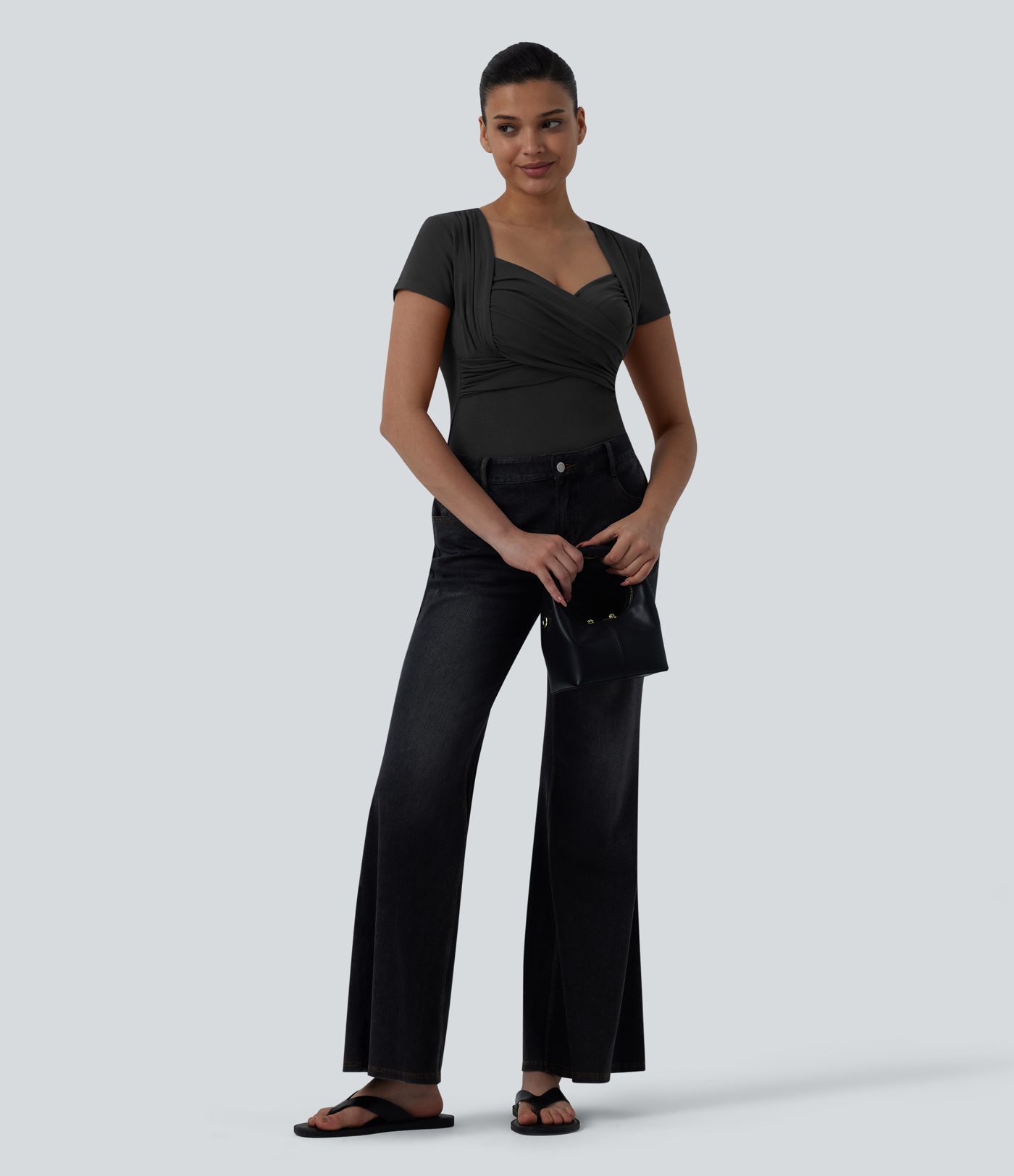 Sweetheart Neck Short Sleeve Crossover Ruched Casual Top