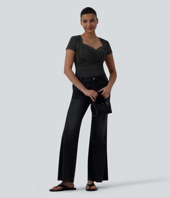 Sweetheart Neck Short Sleeve Crossover Ruched Casual Top