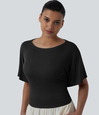 Boat Neck Ruffle Short Sleeve Tie Back Casual Top