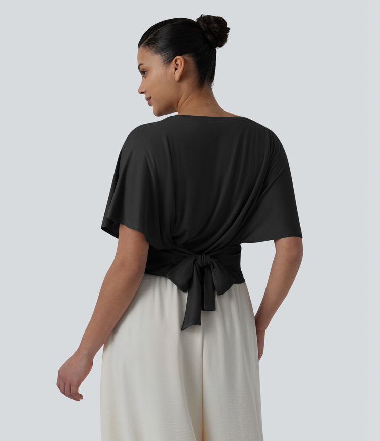 Boat Neck Ruffle Short Sleeve Tie Back Casual Top