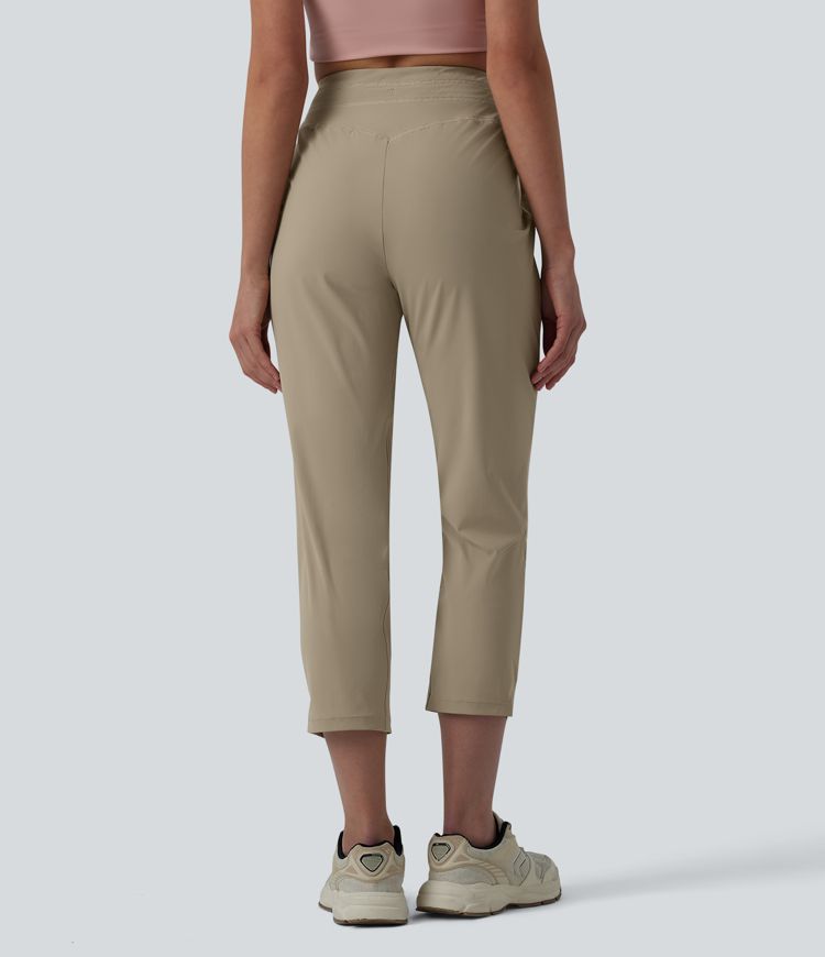 High Waisted Drawstring Ruched Running Cropped Joggers with Pockets