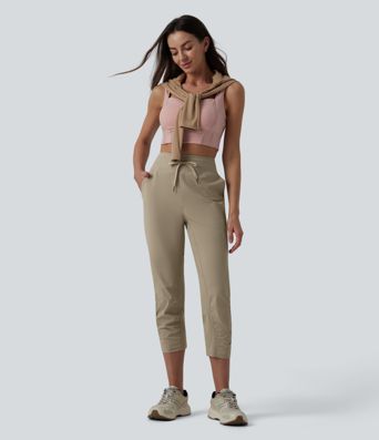 High Waisted Drawstring Ruched Running Cropped Joggers with Pockets