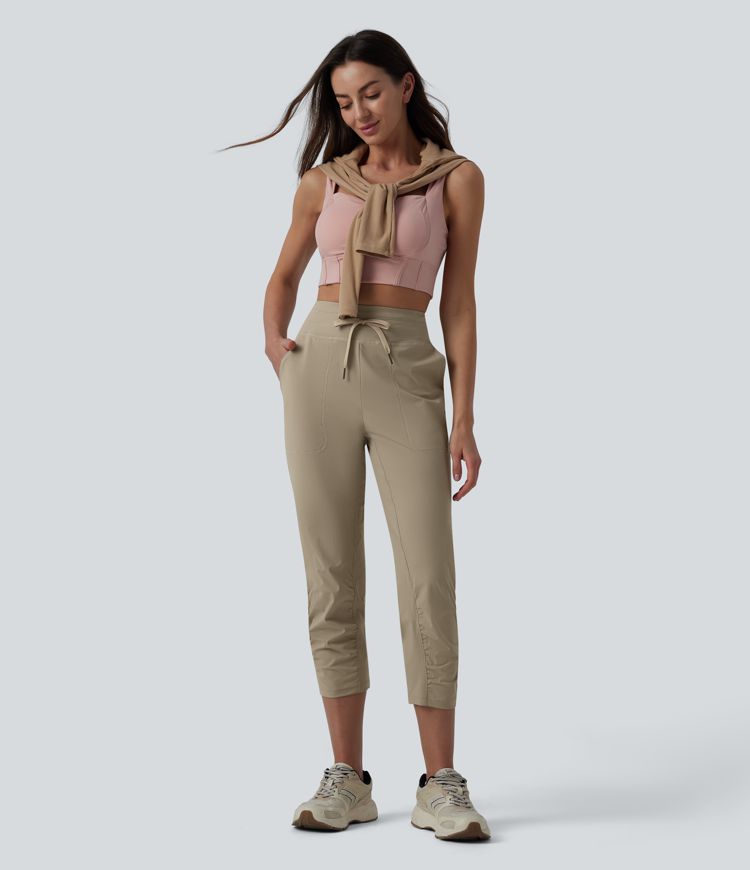 High Waisted Drawstring Ruched Running Cropped Joggers with Pockets
