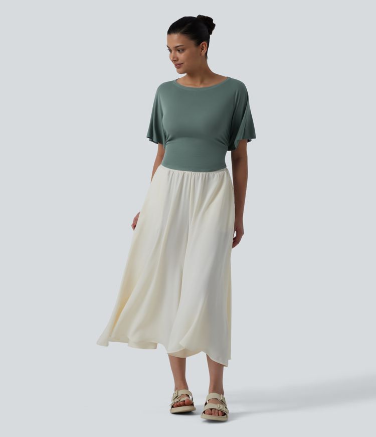 Haut décontracté à col bateau manches courtes à volants et dos noué