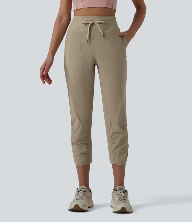 High Waisted Drawstring Ruched Running Cropped Joggers with Pockets