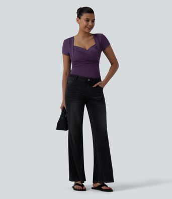 Top casual con escote corazón, mangas cortas, cruce delantero y fruncido