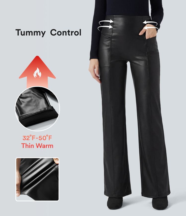 High Waisted Tummy Control Stretchy PU Fleece Casual Flare Pants with Pockets