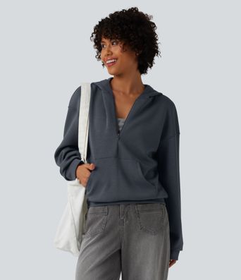 Hooded Half Zipper Casual Sweatshirt with Kangaroo Pocket