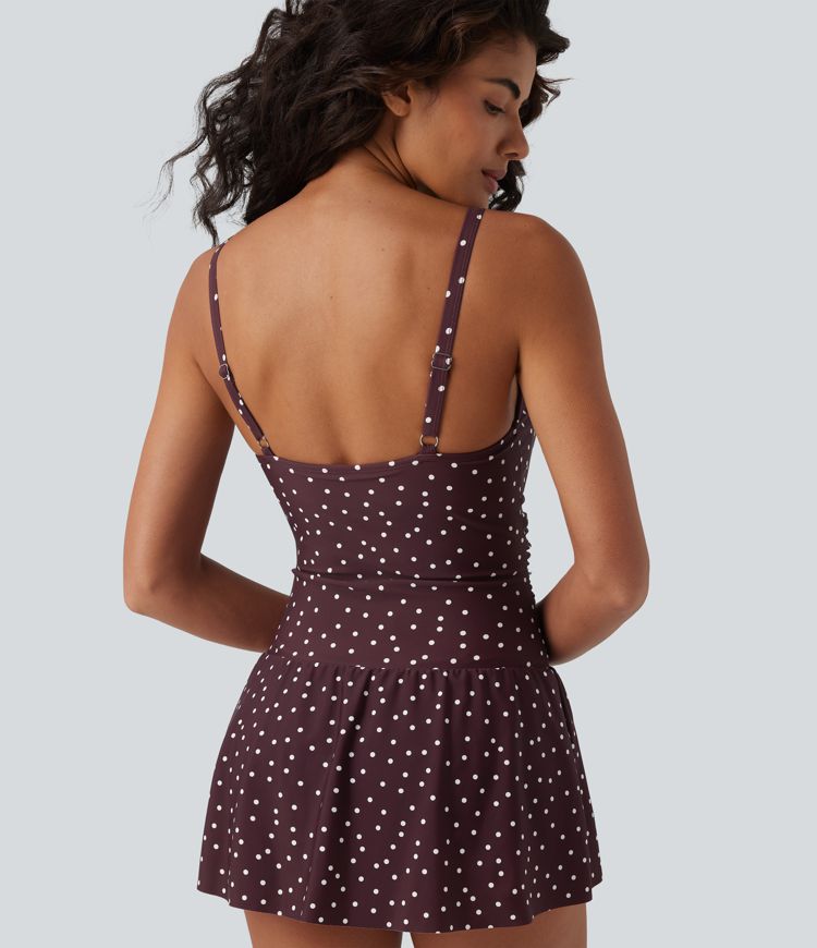 2-in-1 Badeanzug mit V-Ausschnitt, Bauchkontrolle und Polka-Dot-Design - Push-Up