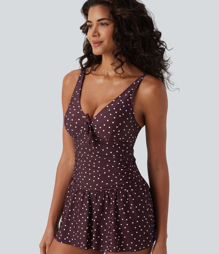 2-in-1 Badeanzug mit V-Ausschnitt, Bauchkontrolle und Polka-Dot-Design - Push-Up