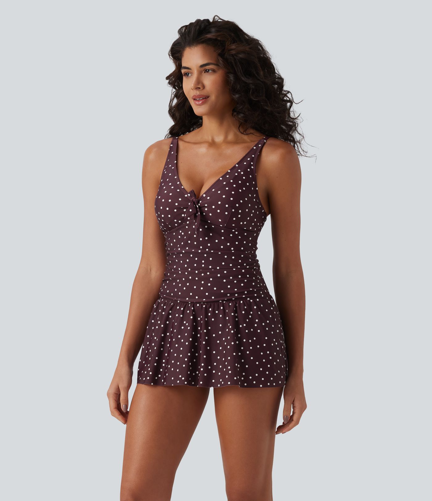 2-in-1 Badeanzug mit V-Ausschnitt, Bauchkontrolle und Polka-Dot-Design - Push-Up