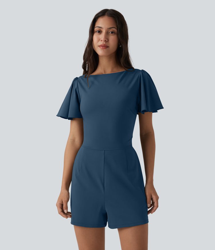 SoftlyZero™ Airy Flounce Short Sleeve Tie Back Cool Touch Casual Romper with Pockets-Easy Peezy Edition