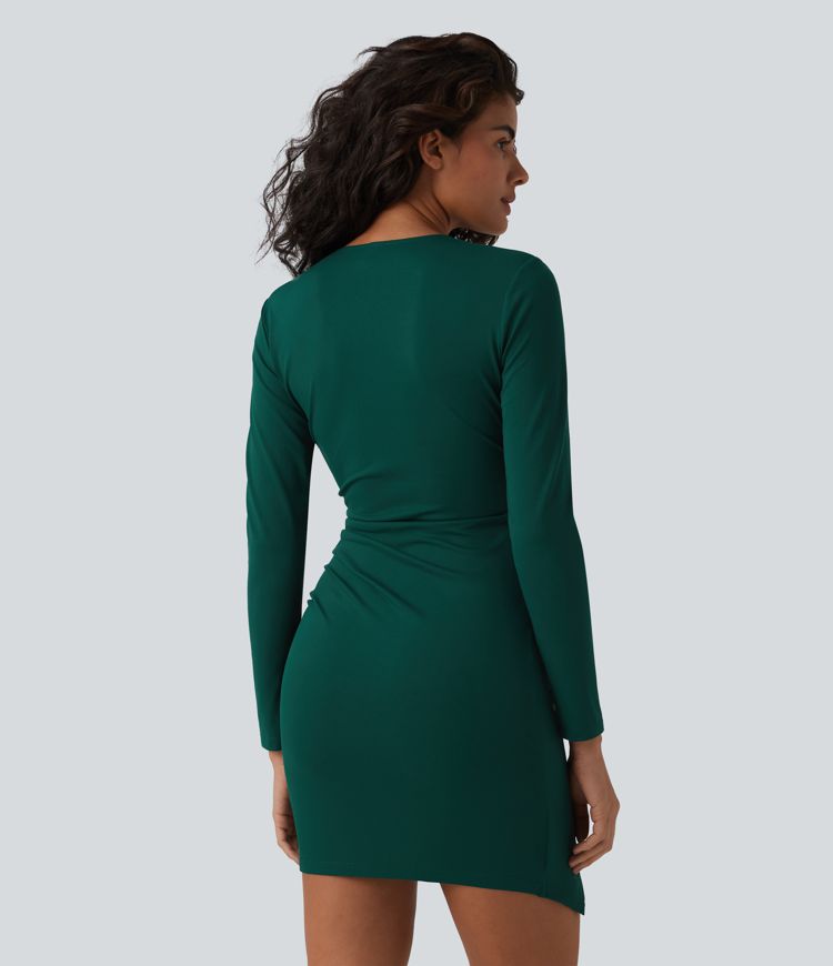 Deep V Neck Long Sleeve Ruched Mini Bodycon Dress
