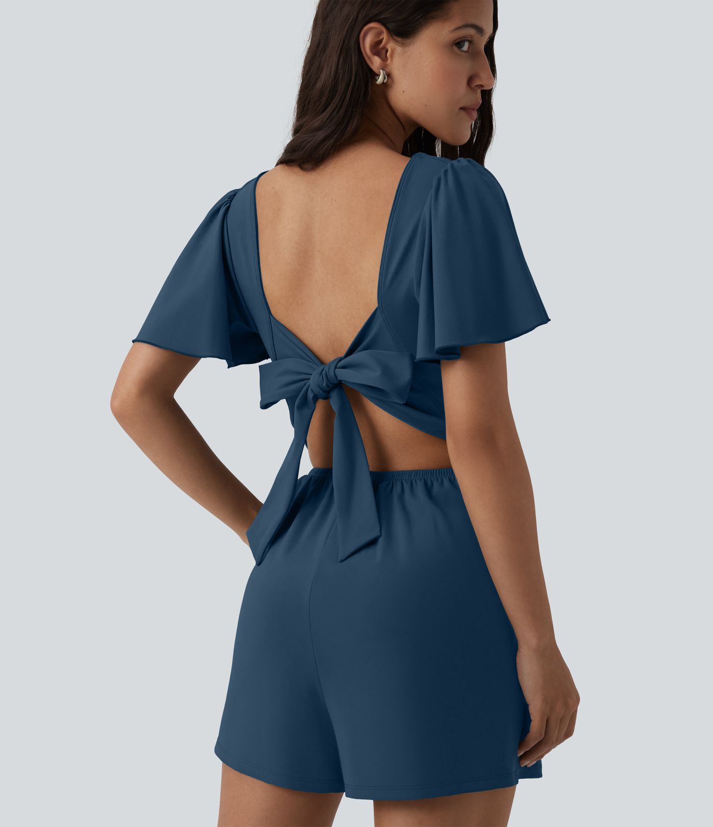 SoftlyZero™ Airy Flounce Short Sleeve Tie Back Cool Touch Casual Romper with Pockets-Easy Peezy Edition