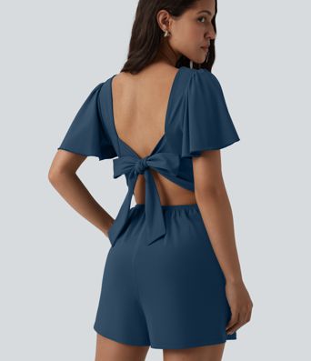 SoftlyZero™ Airy Flounce Short Sleeve Tie Back Cool Touch Casual Romper with Pockets-Easy Peezy Edition