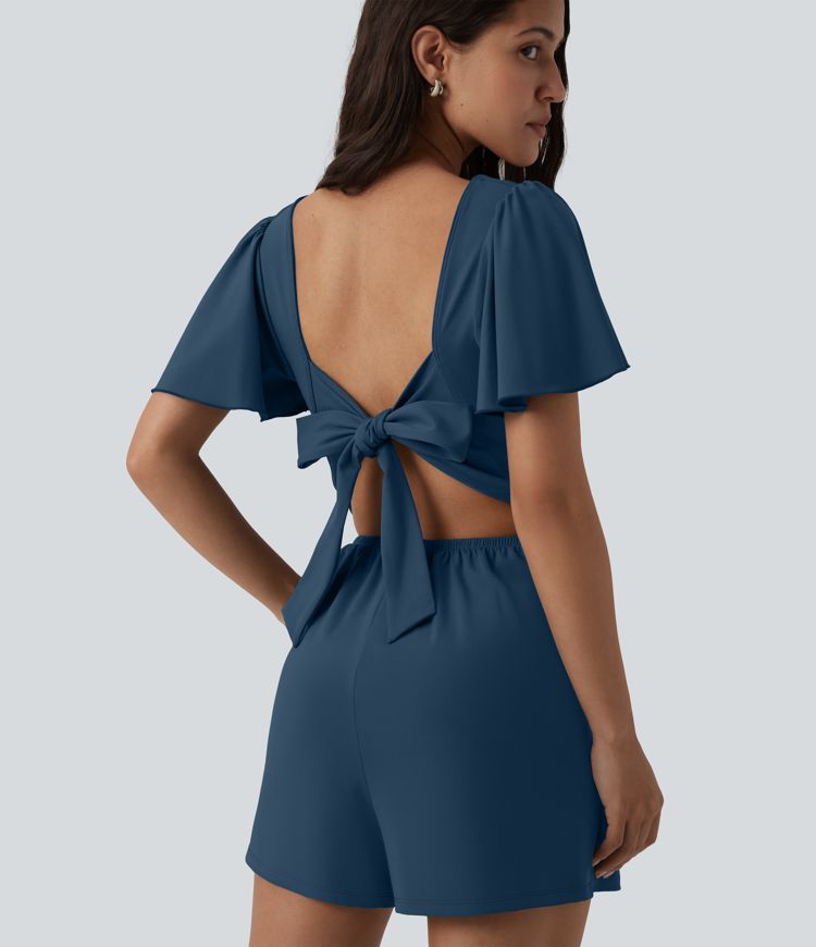 SoftlyZero™ Airy Flounce Short Sleeve Tie Back Cool Touch Casual Romper with Pockets-Easy Peezy Edition