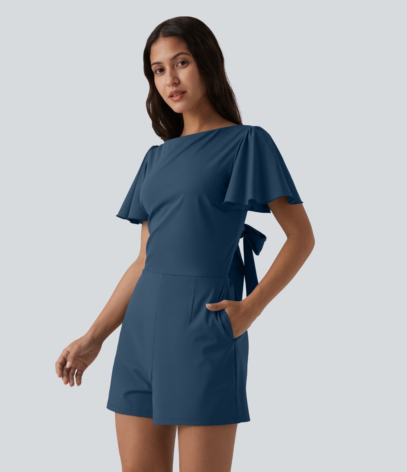 SoftlyZero™ Airy Flounce Short Sleeve Tie Back Cool Touch Casual Romper with Pockets-Easy Peezy Edition