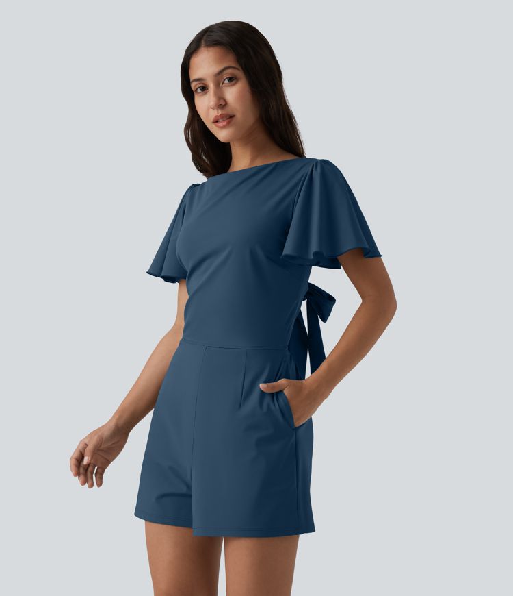 SoftlyZero™ Airy Flounce Short Sleeve Tie Back Cool Touch Casual Romper with Pockets-Easy Peezy Edition