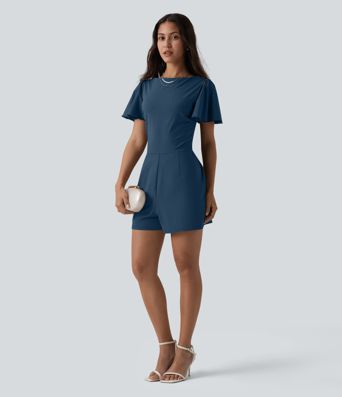 SoftlyZero™ Airy Flounce Short Sleeve Tie Back Cool Touch Casual Romper with Pockets-Easy Peezy Edition