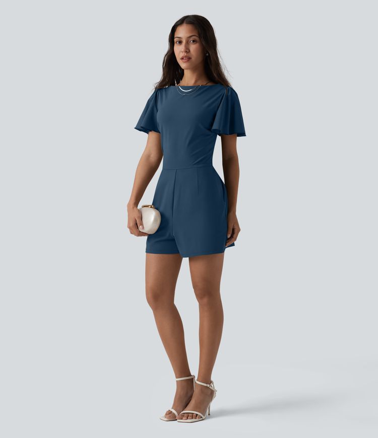 SoftlyZero™ Airy Flounce Short Sleeve Tie Back Cool Touch Casual Romper with Pockets-Easy Peezy Edition