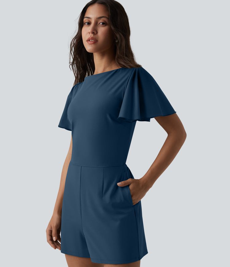 SoftlyZero™ Airy Flounce Short Sleeve Tie Back Cool Touch Casual Romper with Pockets-Easy Peezy Edition