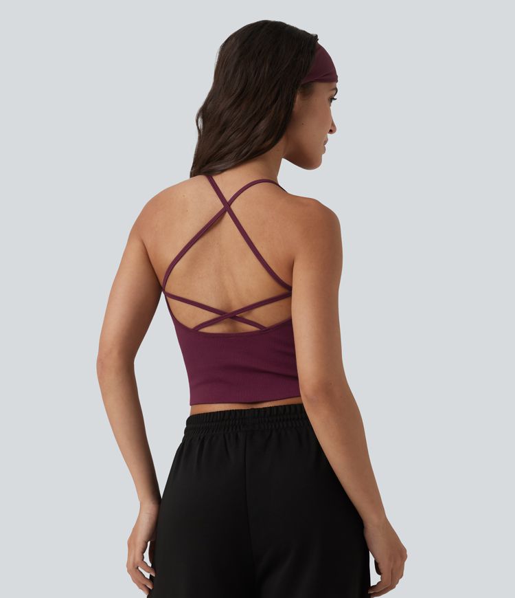 OneForm Seamless Flow Crisscross Backless Deep V-neck Cropped Built-in Bra Yoga Tank Top