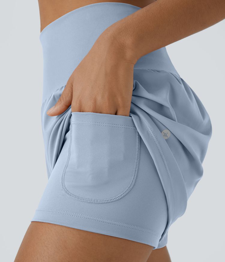 Pantalón corto yoga 2 en 1 tiro alto bolsillo trasero lateral oculto 7.5cm