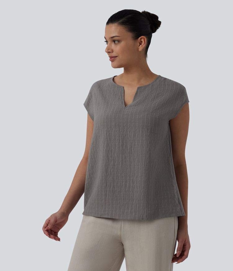 Notched Collar Sleeveless Stripe Casual Linen-Blend T-Shirt