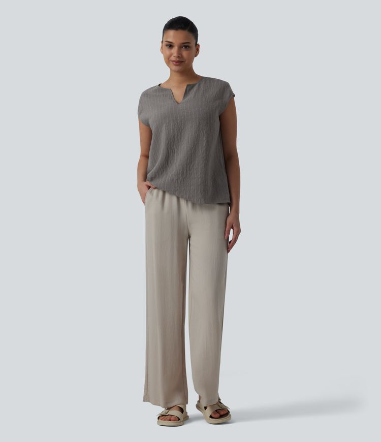 Notched Collar Sleeveless Stripe Casual Linen-Blend T-Shirt