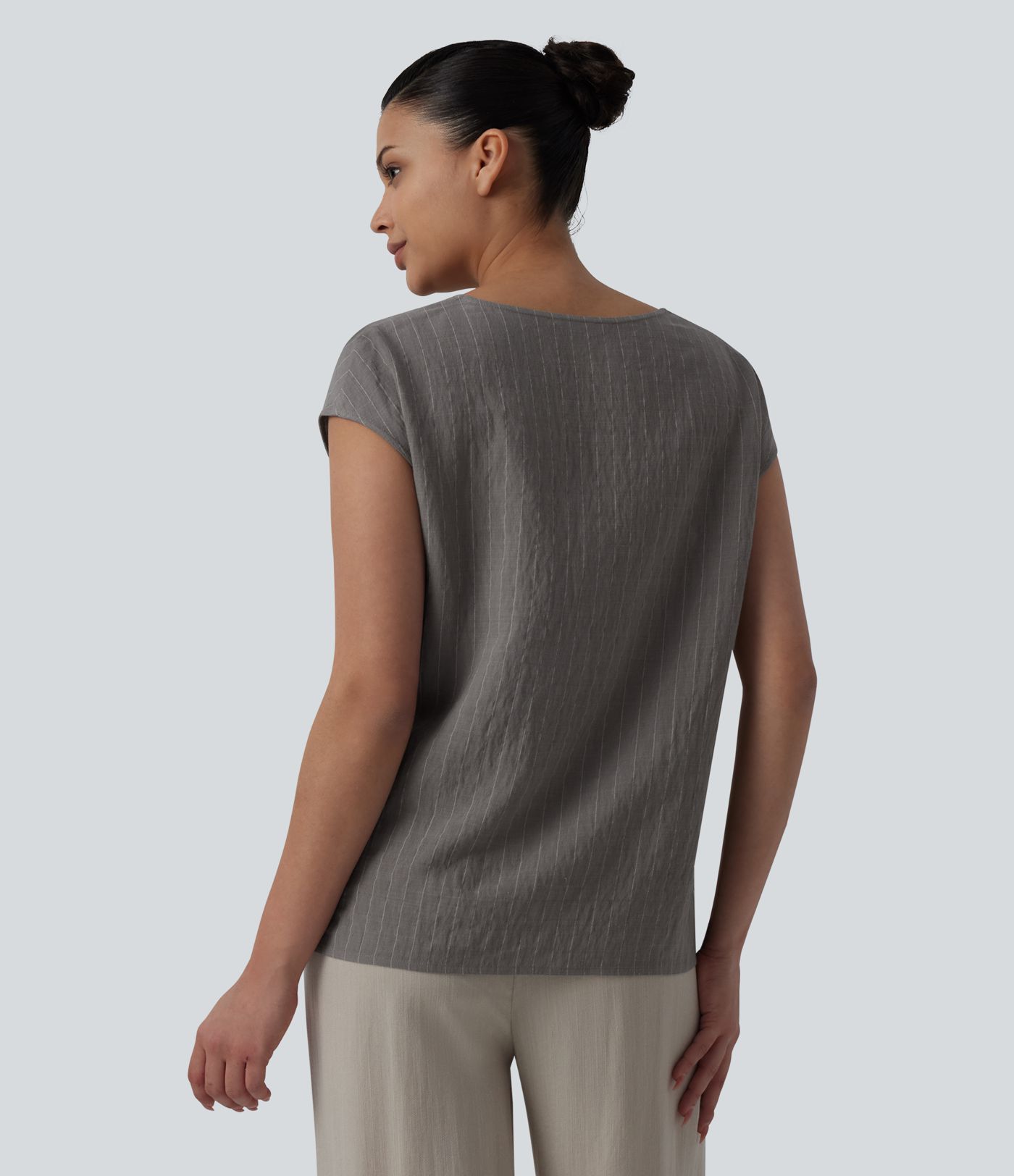 Notched Collar Sleeveless Stripe Casual Linen-Blend T-Shirt