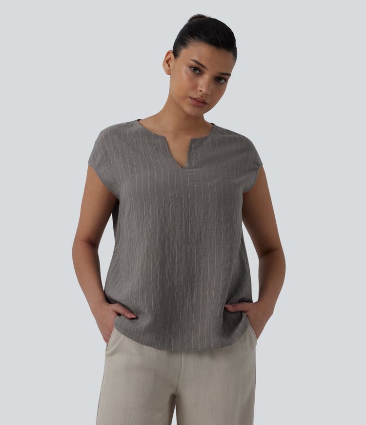 Notched Collar Sleeveless Stripe Casual Linen-Blend T-Shirt