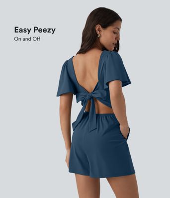 SoftlyZero™ Airy Flounce Short Sleeve Tie Back Cool Touch Casual Romper with Pockets-Easy Peezy Edition