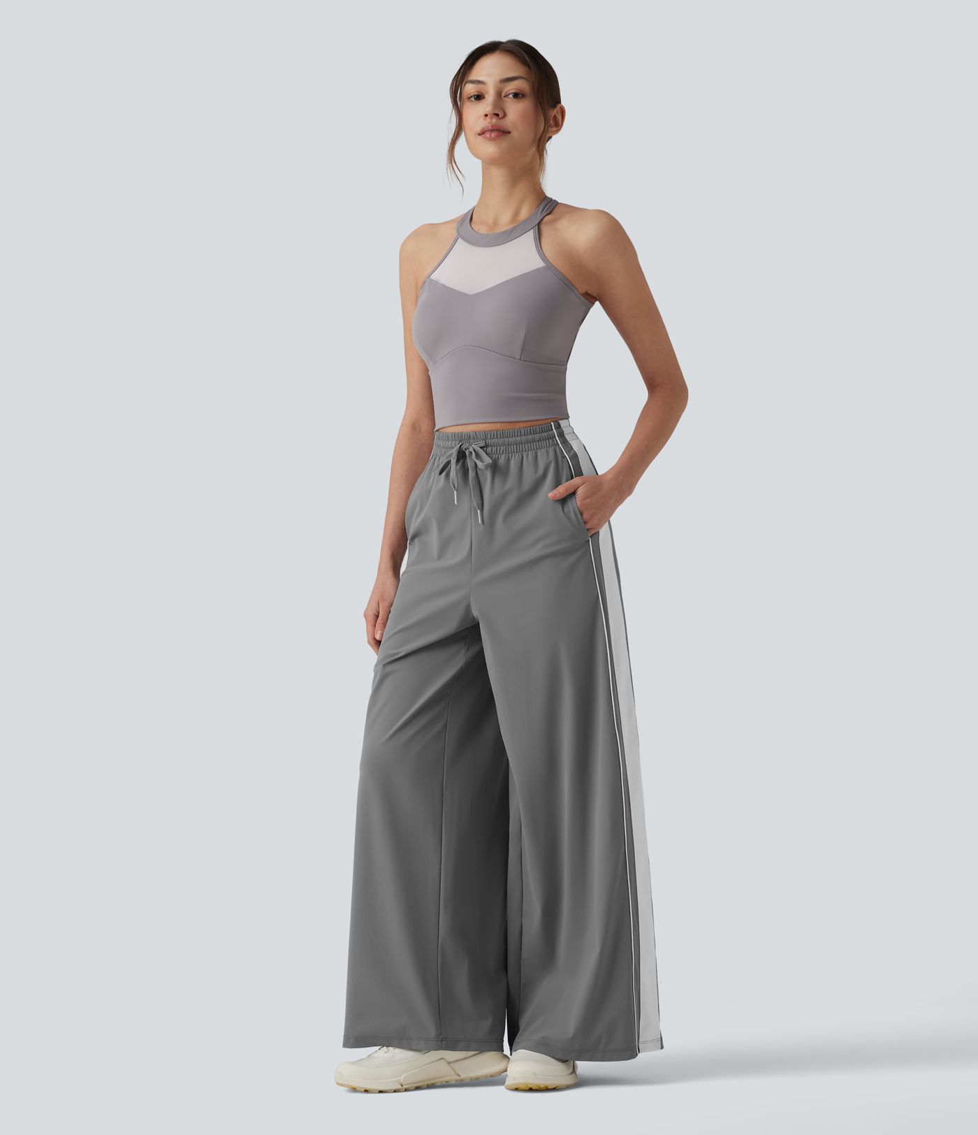 High Waisted Drawstring Wide Leg Stripe Quick Dry Cool Touch Running Pants with Pockets-UPF40+