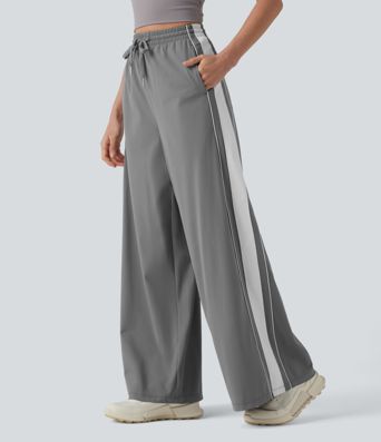 High Waisted Drawstring Wide Leg Stripe Quick Dry Cool Touch Running Pants with Pockets-UPF40+