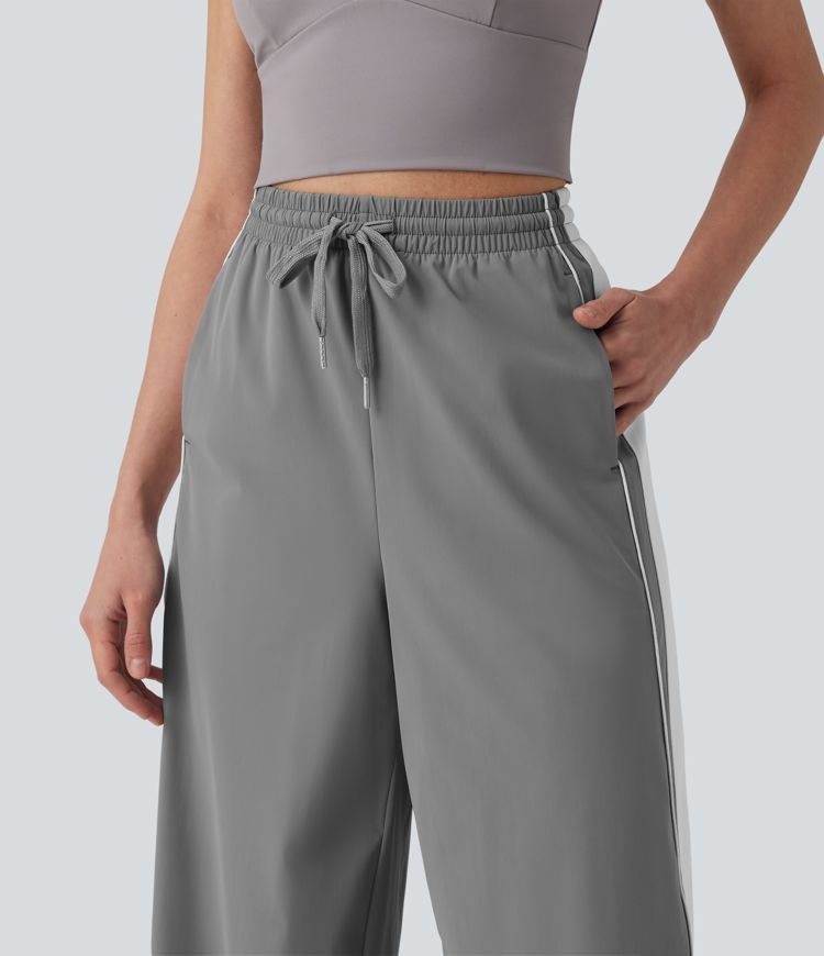High Waisted Drawstring Wide Leg Stripe Quick Dry Cool Touch Running Pants with Pockets-UPF40+