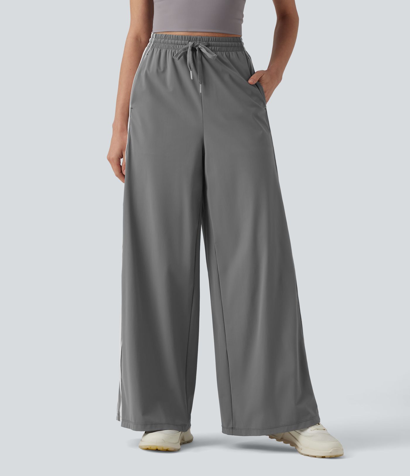 High Waisted Drawstring Wide Leg Stripe Quick Dry Cool Touch Running Pants with Pockets-UPF40+