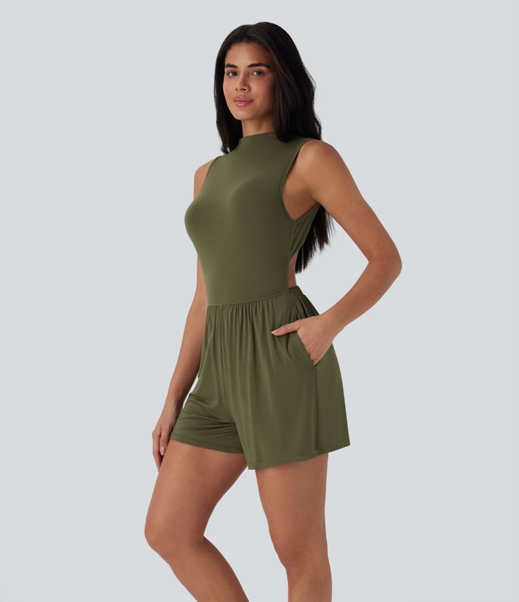 Mock-Neck Sleeveless Casual Jumpsuit with Pockets-Easy Peezy